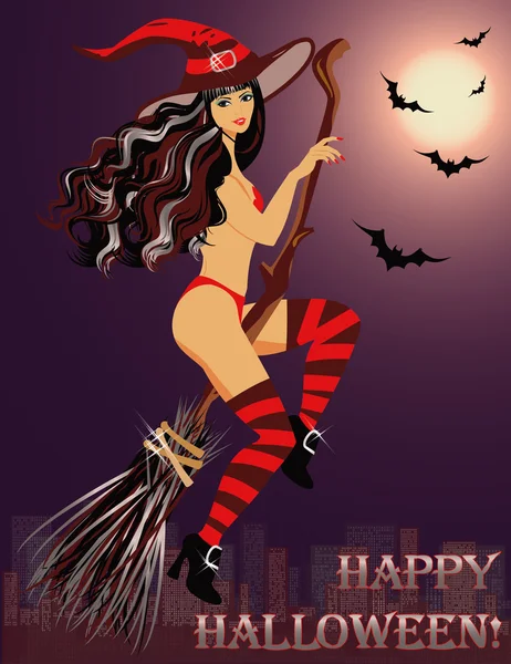 Seksi cadı, Cadılar bayramında süpürge üzerinde uçmak. vektör çizim