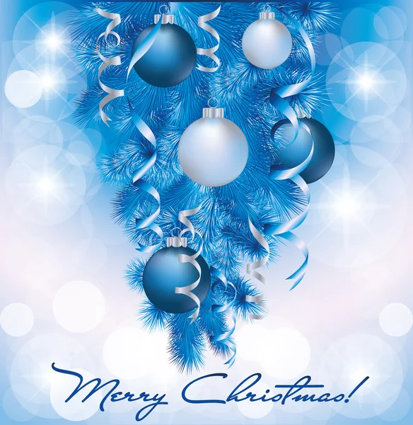 Merry christmas banner mavi gümüş toplar, vektör çizim