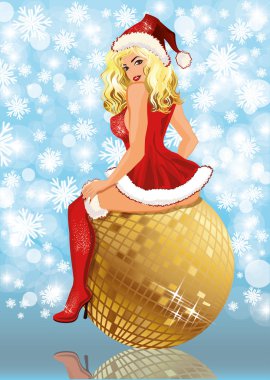 seksi Noel Baba kız ve altın xmas top. vektör çizim