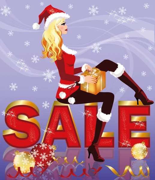 Christmas sale card with santa girl and giftbox. vector illustration — Stock Vector