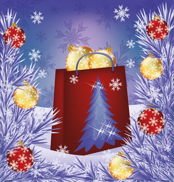 Christmas sale card. Shop bag presents with balls, vector illustration — Stock Vector