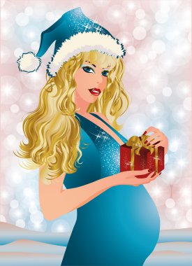 Noel giftbox tutan hamile kadın. vektör