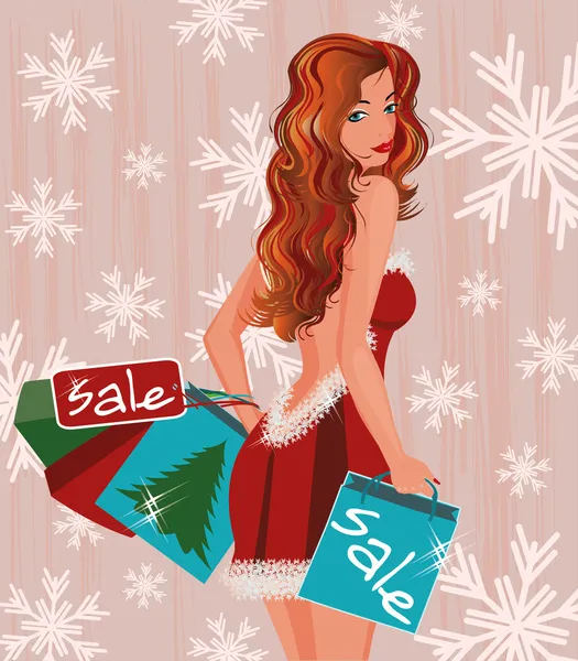 Winter shopping girl with handbags, vector illustration — Stock Vector