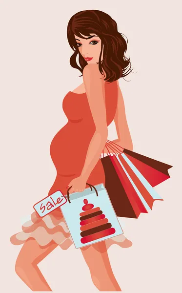 Beautiful pregnant woman with shopping bags, vector illustration — Stock Vector