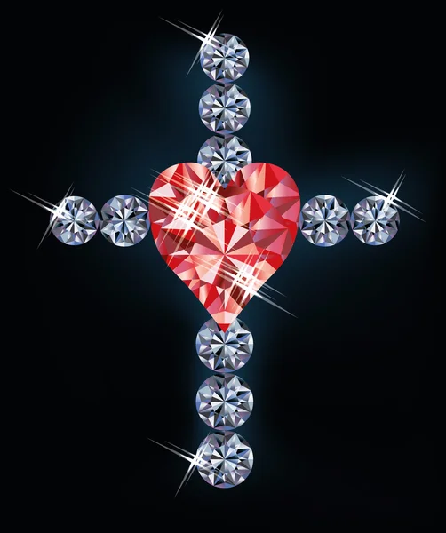 Croix de diamant et coeur de rubis, illustration vectorielle — Image vectorielle