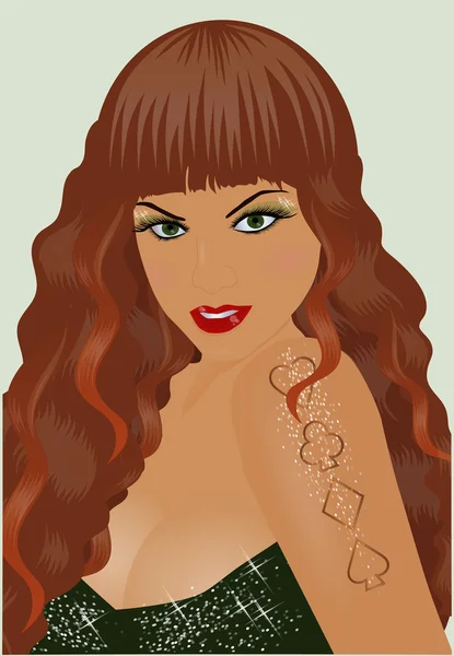 Chica sexy con tatuaje de póquer. ilustración vectorial — Vector de stock