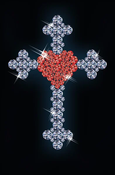 Бриллиантовый крест с рубиновым сердцем, векторная иллюстрация — стоковый вектор