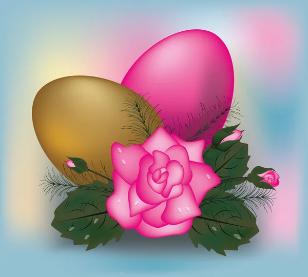 Easter eggs with pink rose, vector illustration — Stock Vector