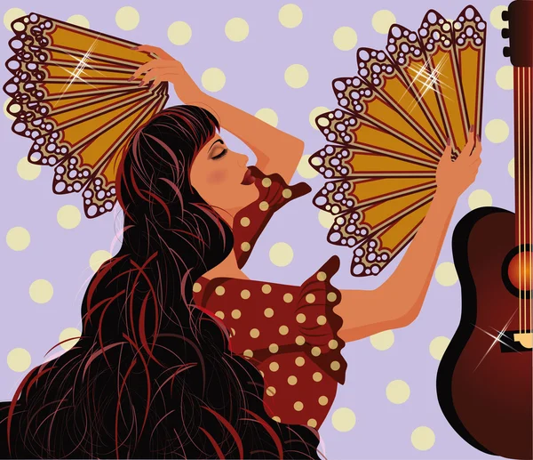 Flamenco fată spaniolă și chitară, ilustrație vectorială — Vector de stoc