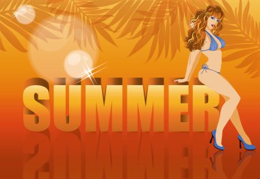 Summer time banner with sensual girl in bikini, vector