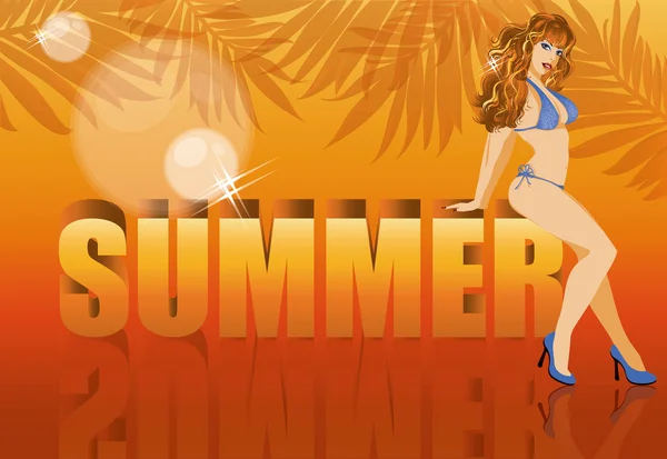 Summer time banner with sensual girl in bikini, vector — Stok Vektör