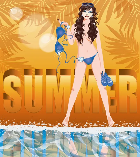 Summer time card con ragazza sexy in topless, illustrazione vettoriale — Vettoriale Stock