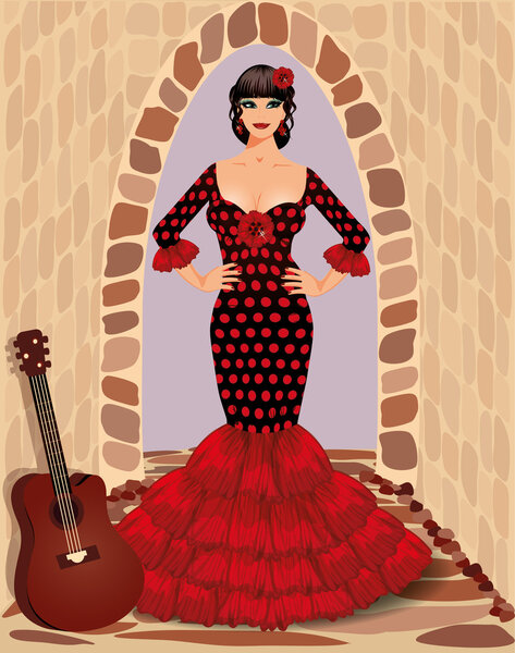 Spanish flamenco girl with guitar, vector illustration