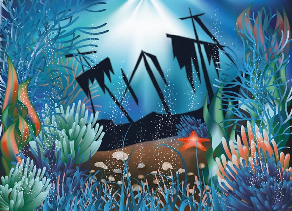 Papel de parede subaquático com navio. ilustração vetorial —  Vetores de Stock