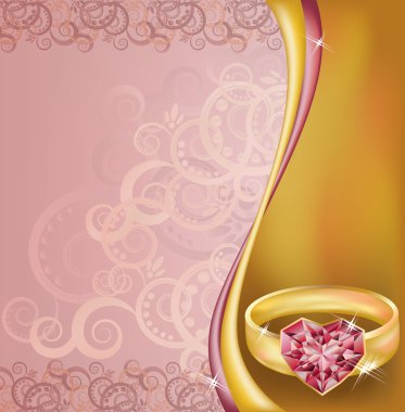 Wedding invitation card with ruby heart ring, vector illustration clipart