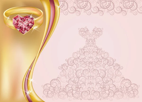 Biglietto d'invito al matrimonio con abito da sposa e anello d'oro, illustrazione vettoriale — Vettoriale Stock