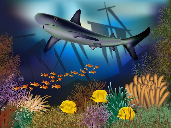 Fondo de pantalla submarino con barco y tiburón, ilustración vectorial — Archivo Imágenes Vectoriales