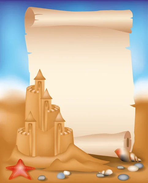 Rollo de papel en blanco sobre fondo de playa de verano, ilustración vectorial — Vector de stock