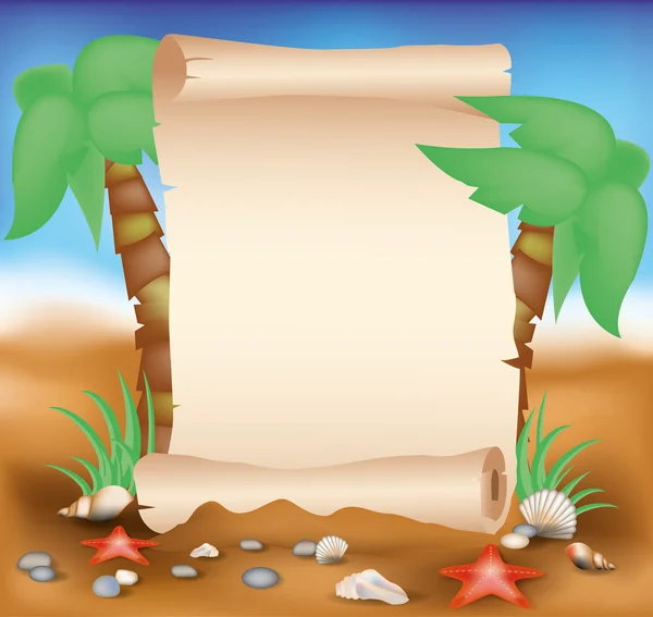 Rollo de papel en blanco en la tarjeta de verano con palmera, ilustración vectorial — Vector de stock