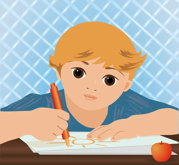 Young cute boy writing sun in a school notebook, vector illustration — Stock Vector