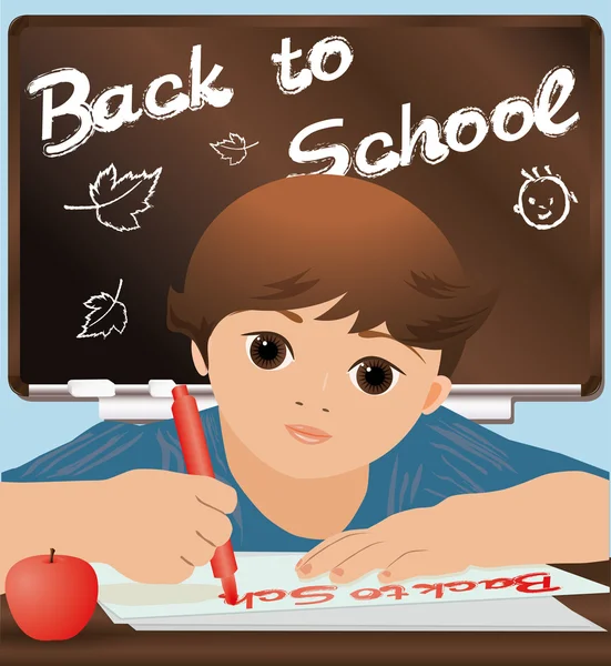 Colegial escribiendo "Volver a la escuela", ilustración vectorial — Vector de stock