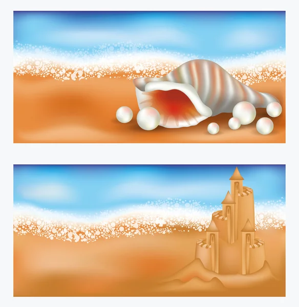 Letní tropické bannery s hrad z písku a mušle, vektorové ilustrace — Stockový vektor