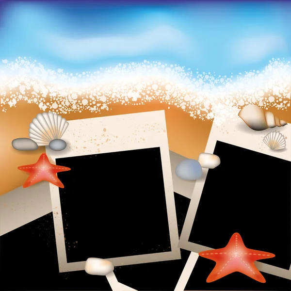 Cadre photo d'été avec étoile de mer et pierre, illustration vectorielle — Image vectorielle