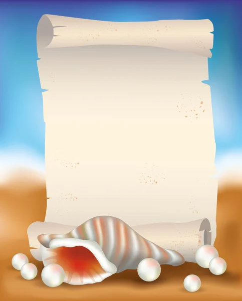 Rollo de papel en blanco sobre fondo tropical con concha marina y perlas, ilustración vectorial — Vector de stock