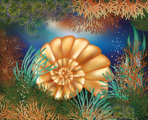 Unterwasserwelt Tapete mit goldener Muschel, Vektorillustration — Stockvektor