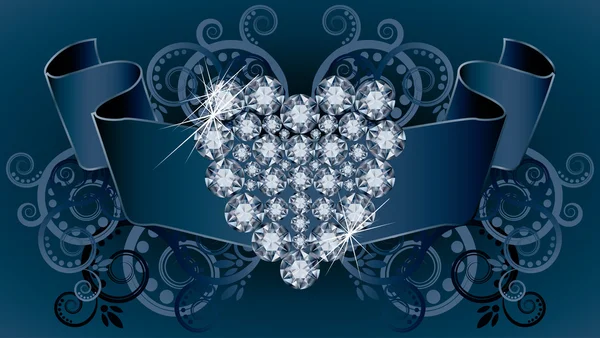 Esküvői meghívó, szalag és a gyémánt, szív, vektoros illusztráció — Stock Vector