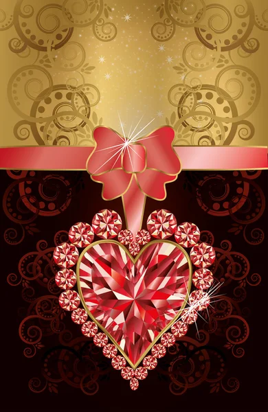Приглашение на свадьбу с рубиновым сердцем и цветочным узором, векторная иллюстрация — стоковый вектор