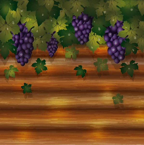 Tarjeta de uvas de otoño con fondo de madera, vector — Vector de stock