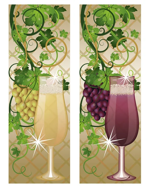 Zwei Banner mit Weingläsern und Trauben, Vektorillustration — Stockvektor