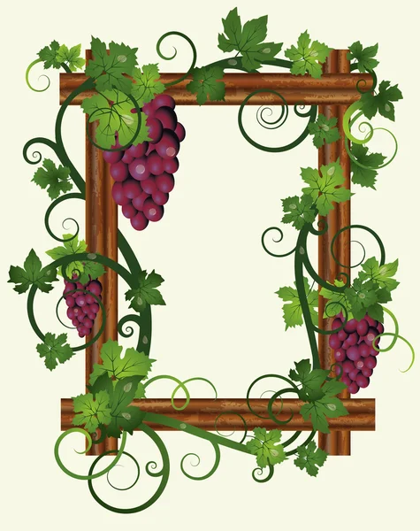 Marco de madera con hojas y uvas, ilustración vectorial — Vector de stock