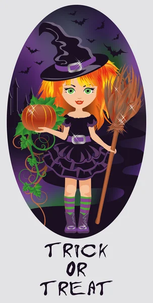 Truco o trato tarjeta de Halloween. Pequeña bruja. ilustración vectorial — Archivo Imágenes Vectoriales