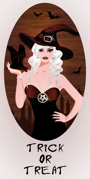 Truc of behandelen halloween kaart blonde heks en vleermuis, vectorillustratie — Stockvector
