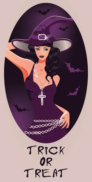 Truco o trato tarjeta de Halloween Hermosa bruja, vector de ilustración — Vector de stock