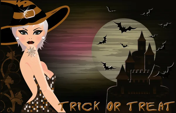 Szczęśliwy tło halloween z seksualnego blondynka czarownica, ilustracji wektorowych — Wektor stockowy