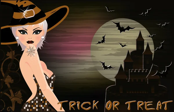 Feliz halloween fondo con sexual rubia bruja, vector de ilustración — Vector de stock