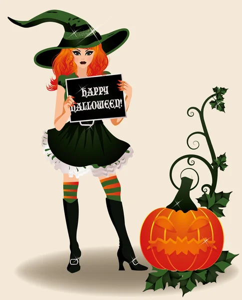 Feliz Halloween sexy bruja y calabaza, vector de ilustración — Vector de stock