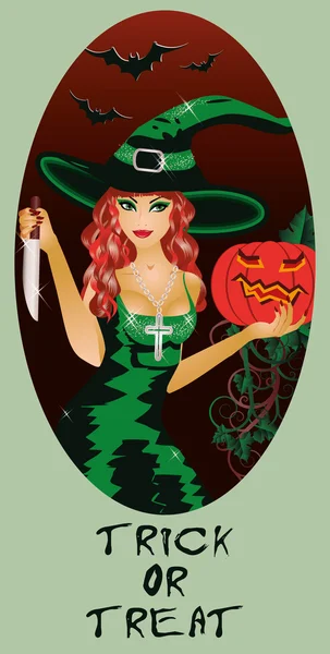 Truc of behandelen halloween kaart, heks en mes, vectorillustratie — Stockvector