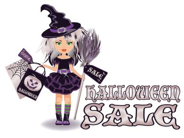 küçük cadı, vektör çizim ile Halloween satışı büyük başlığı