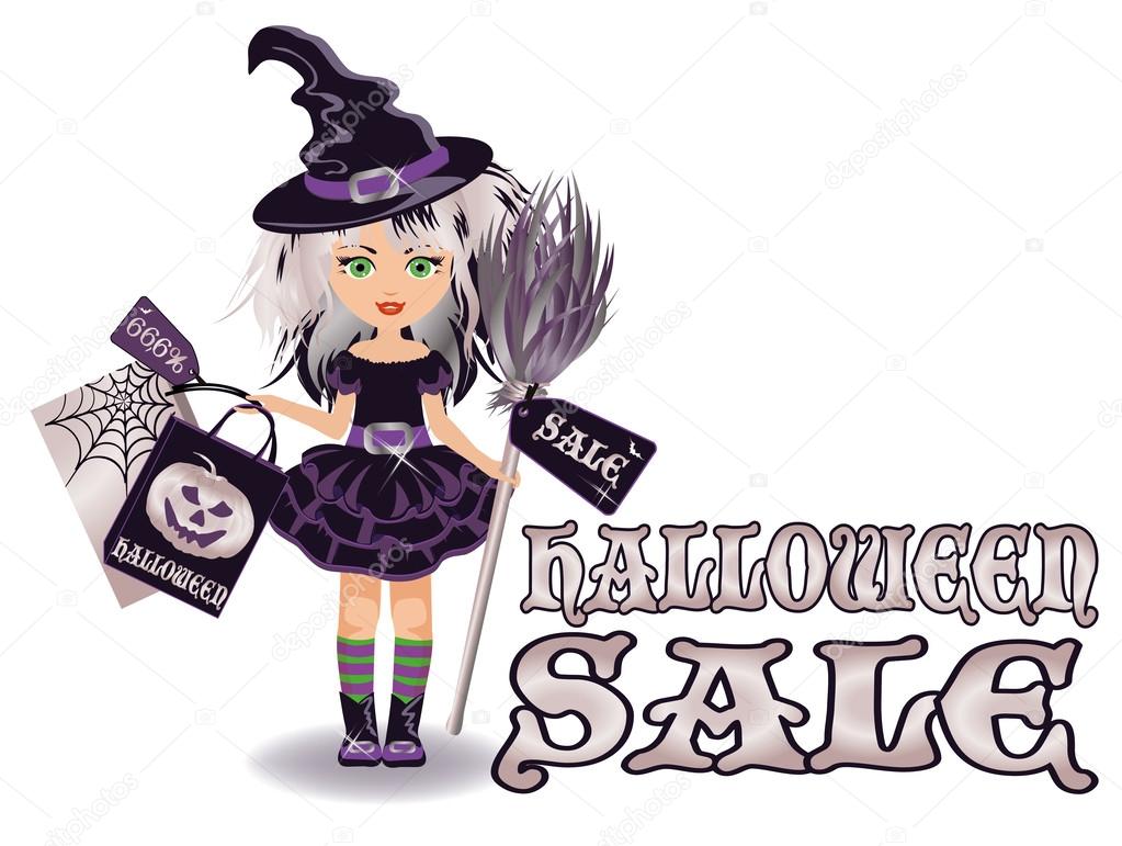 Halloween sale banner with little witch, vector illustration
