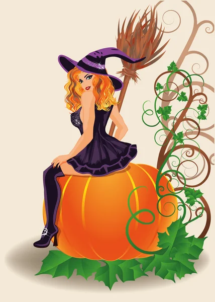 Feliz Halloween sexy bruja y calabaza, vector de ilustración — Archivo Imágenes Vectoriales
