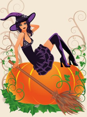 Halloween cadı ve kabak, vektör çizim