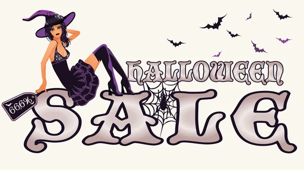 Panji penjualan Halloween dengan penyihir seksi, ilustrasi vektor - Stok Vektor