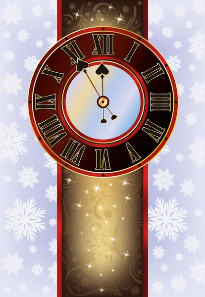 Elegante tarjeta de Navidad con reloj de Año Nuevo, ilustración vectorial — Vector de stock