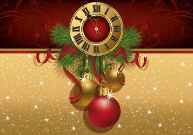 Yeni yıl Noel topları ve saati, başlığı tebrik vektör çizim