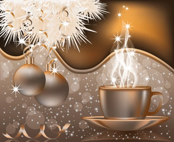 Bonne carte de Noël avec boules de Noël et bonnet de café, illustration vectorielle — Image vectorielle