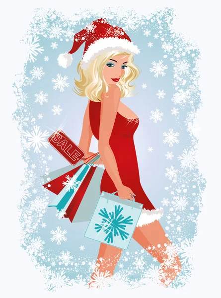 Compras de Natal menina sexy, ilustração vetorial — Vetor de Stock